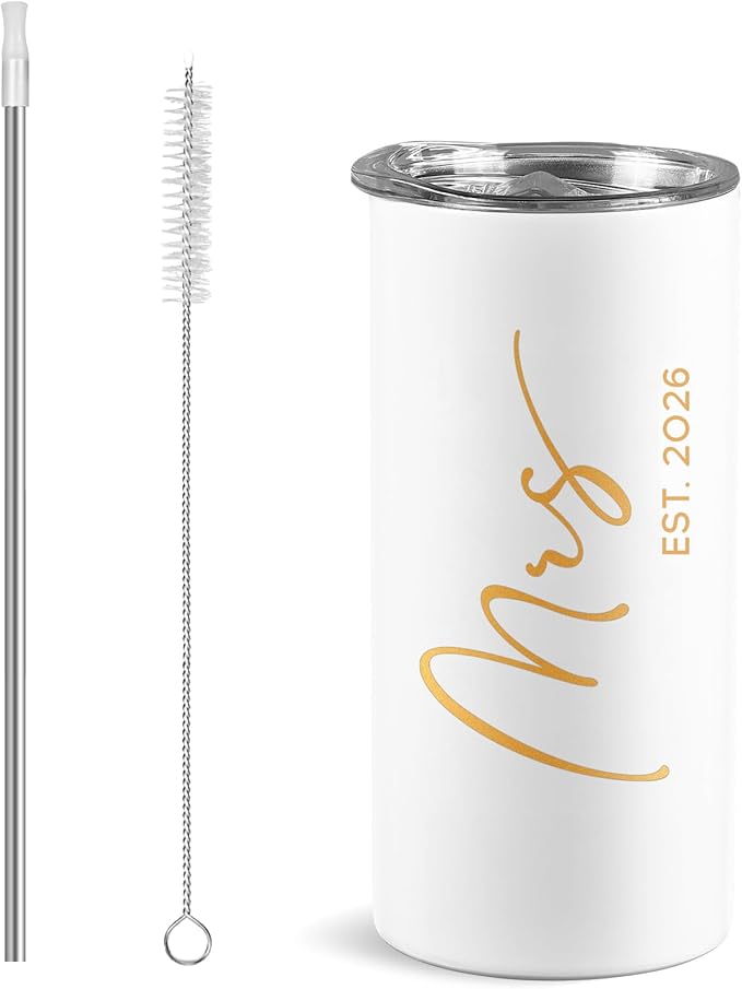 Future Mrs Gifts 2026 Bridal Shower Gifts for Bride Mrs Cup for Wedding Engagement Bachelorette Party Honeymoon Stainless Steel Skinny Tumbler with Lid and Straw 15 OZ