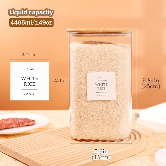 CZZGSM 2 Pack Square Glass Flour and Sugar Containers with 132 Kitchen Pantry Labels - Thicken 149 FL OZ Large Glass Storage Jars with Airtight Bamboo Lid - Big Food Canisters for Rice, Pasta, Cookie