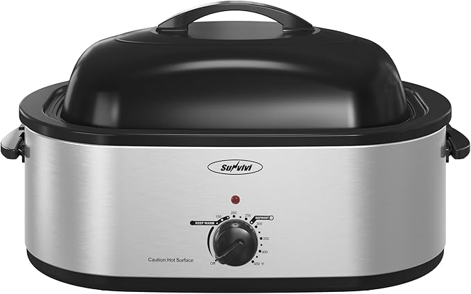 Sunvivi 22lb 18-Quart Roaster Oven, Electric Roaster Oven with Self-Basting Lid, Turkey Roaster with Unique Defrost/Warm Function, Large Roaster with Removable Pan & Rack, Stainless Steel, Silver