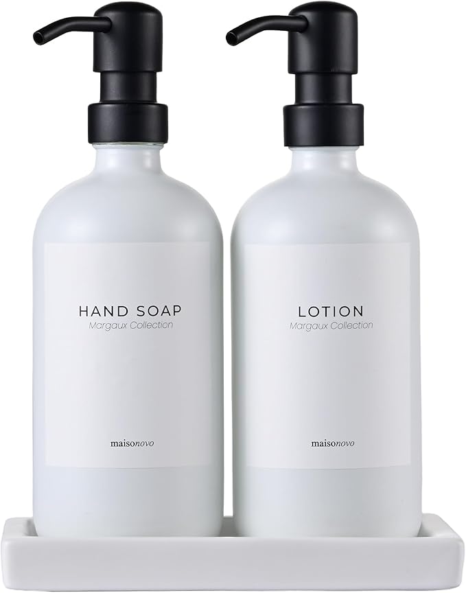 MaisoNovo Bathroom Soap Dispenser Set- Soap and Lotion Dispenser Set with White Soap Dispenser, Black Pumps & Ceramic Tray