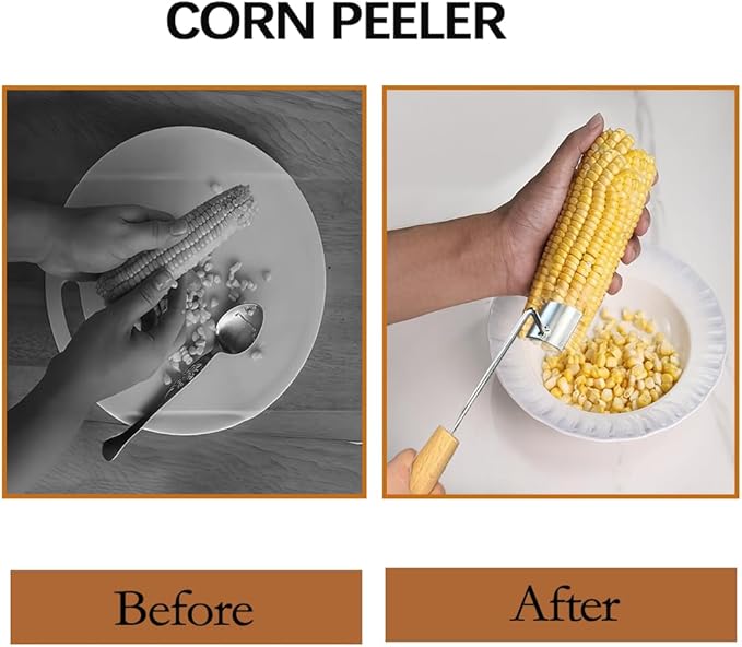 Wooden Handle Corn Peeler with Wear Silicone Gloves - Non Slip Grip for Safe Corn Kernel Removal, Stainless Steel Corn Peeler Cob Stripper for Peelers for Kitchen