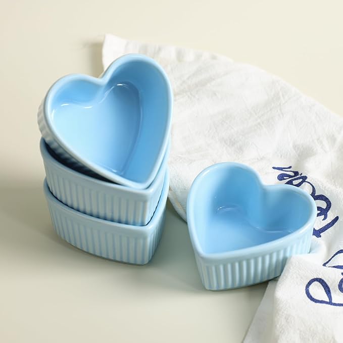 Sizikato Heart-Shaped Porcelain Souffle Dishes, Ramekins - 3.5 Inches for Souffle, Creme Brulee and Dipping Sauces - Set of 4