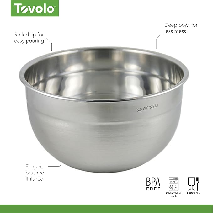 Tovolo Large Stainless Steel Mixing Bowl 5 Quart Metal Mixing Bowl for Baking Kitchen Prep with Easy Pour Rounded Lip, Dishwasher Safe Deep Metal Bowl Design for Salads, Popcorn, Kneading Bread Dough