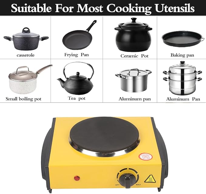 Countertop Burner - Compact and Portable Electric Hot Plate Stove, Temperature Controls, 1000/2000 Watts Coiled/Cast Single/Double Burner (Yellow, Cast Single)