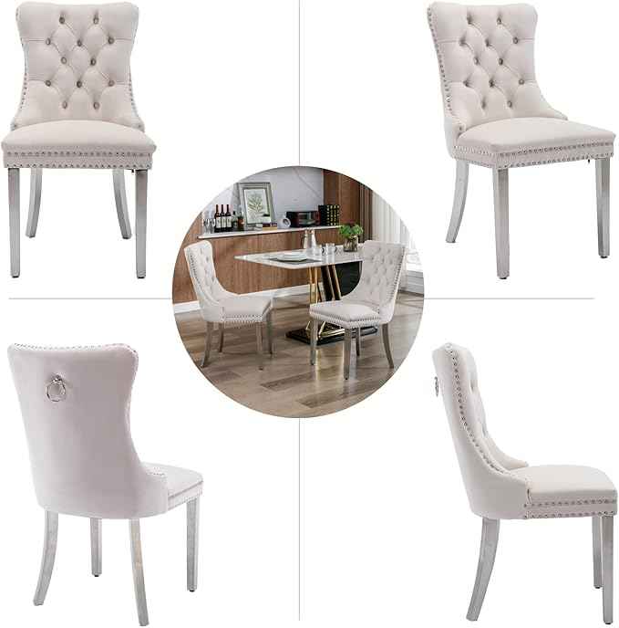 Dining Room Chairs Set of 4, Velvet Upholstered Dining Chairs with Back Ring Pull Trim and Sliver Stainless Steel Legs,Modern Dining Chair Perfect for Dining Room,Living Room,Kitchen(Beige)