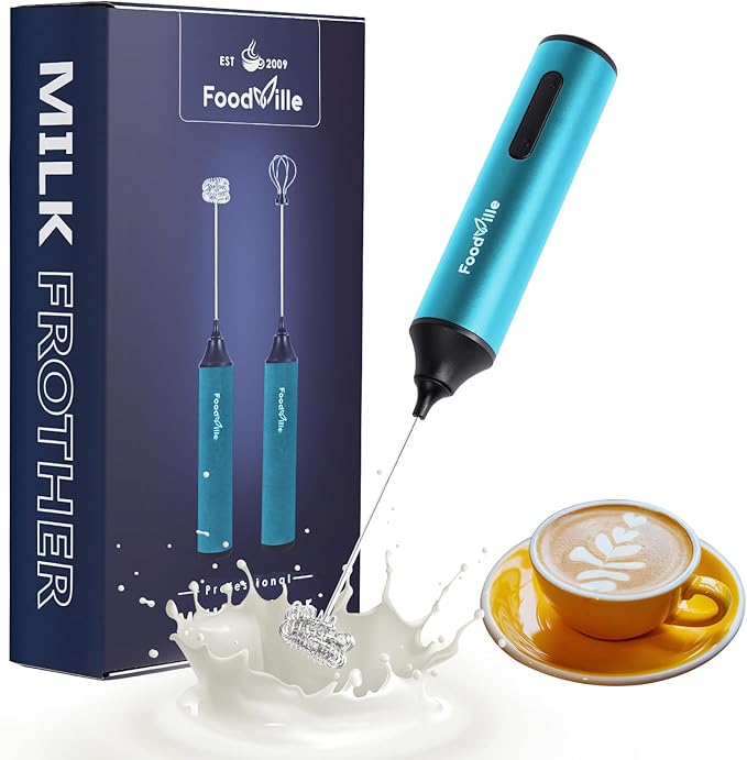 FoodVille MF05 Rechargeable Milk Frother USB Charging Handheld Foam Maker with Stainless Balloon Whisk for Cappuccino, Latte, Bulletproof Coffee, Keto Diet, Protein Powder, Matcha (Azure Blue)