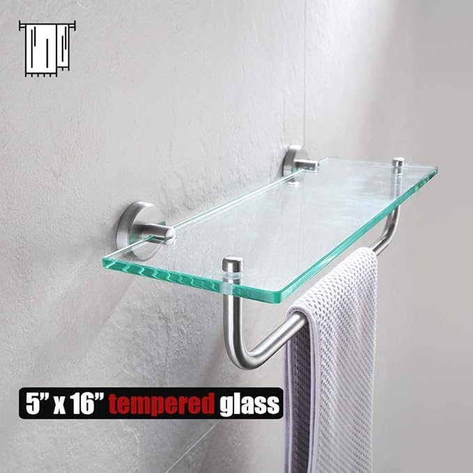 JQK Bathroom Glass Shelf, Shelf with 15 Inch Towel Bar Tempered Glass Shower Storage 16 by 5 inches, 304 Stainless Steel Brushed Finish Wall Mount, TGS100-BN