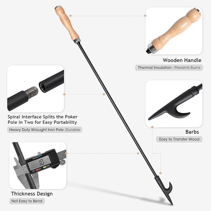 AGM Fire Poker for Fire Pit, 32" Long Heavy Duty Campfire Poker Stick with Wooden Handle for Camping, Fireplace, Bonfires, Rust Resistant Portable Fire Pit Tools Accessories for Outdoor & Indoor