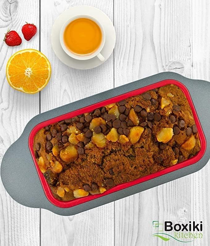 Boxiki Kitchen Baking Non-Stick Steel Jumbo 6 Cup Muffin Pan with Silicone Handles & Reusable Liners and 9x5 Inch Silicone Bread Loaf Pan - Ultimate Set for Muffins, Bread, Cakes, and More.