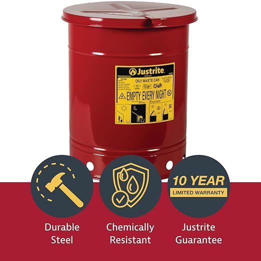 Justrite 6 Gallon Galvanized Steel Oily Waste Can, 16" x 12" Metal Oil Rag Safety Can with Hand Operated Self-Closing Lid for Oil Rag Disposal, Made in The USA, Red, 09110