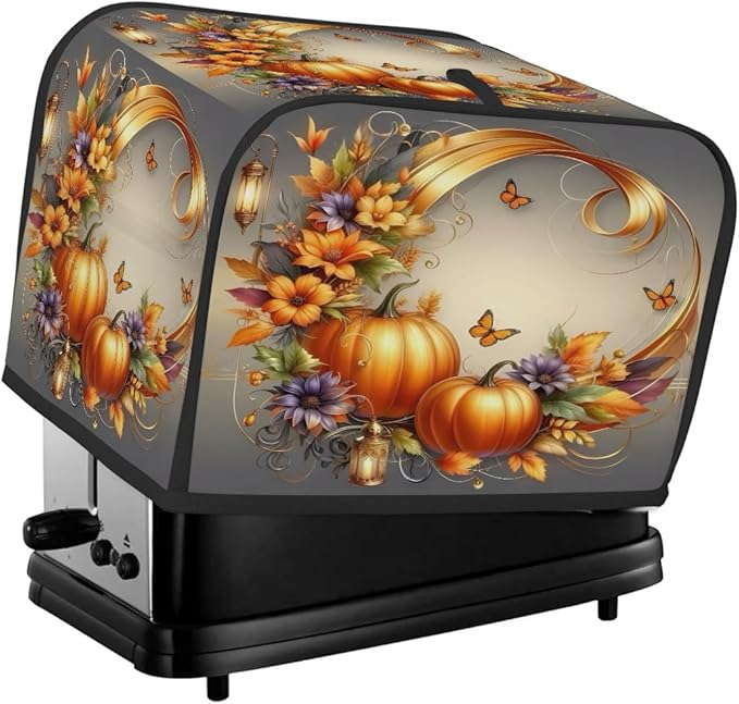 Art Fall Pumpkin Flower Toaster Cover 2 Slice Dust and Fingerprint Protection Toaster Bread Maker Covers Washable Kitchen Small Appliance Covers for Kitchen Accessories Decor Bakeware Women Gift