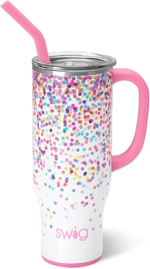 Swig Life 30oz Mega Mug, 30 oz Tumbler with Handle and Straw, Cup Holder Friendly, Dishwasher Safe, Extra Large Insulated Tumbler, Stainless Steel (Confetti)