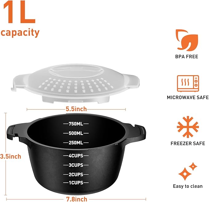 Microwave Cookware Steamer, 1 Quart Microwave Steamer for Vegetables, Microwave Cooker with Vent Lid- BPA Free, Freezer Safe