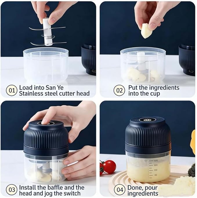 Household Electric Garlic Crusher, Electric Garlic Chopper, Mini Portable Veggie Chopper with 4/6 Stainless Steel Blades, Wireless Rechargeable Food Cutter for Garlic, Onion, Chili (Blue,250ML)
