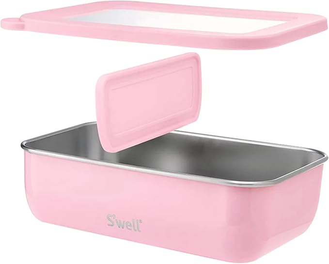 S'well Stainless Steel Bento Box, Peony, Fits One Large Entree Or Small Entree And Snack, Includes Removable Divider, Leakproof, Easy to Clean, Dishwasher Safe