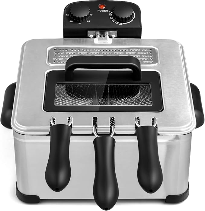 Giantex 1700W Electric Deep Fryer with 3 Baskets, 5.3QT/21-Cup Frier Cookers Home Fryer, Large Oil Container, Lid with View Window, Adjustable Temperature and Timer, Family Kitchen Restaurant Use