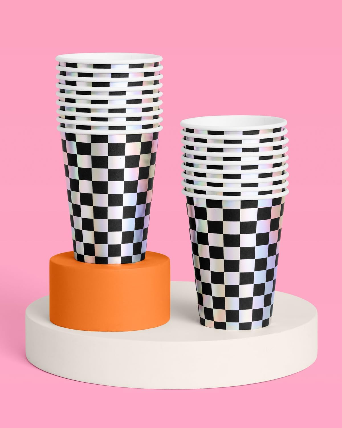 xo, Fetti Party Decorations Checkered Black + Iridescent Paper Cups - 50 Disposable 14 oz Cups | Bachelorette Party Cups, Birthday Party Supplies, Racecar Kids Drinkware Favors, Disco Rave Decor