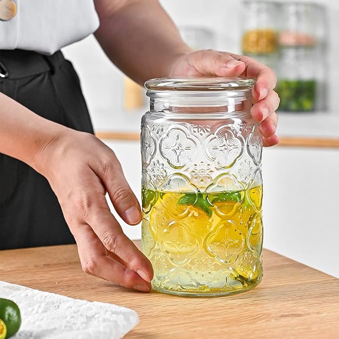 Adodeen 32oz Vintage Glass Jar With Lid, Glass Storage Containers, Airtight Kitchen Storage Containers For Sugar, Coffee, Tea, Spice, Flour, Candy Cookie, Pasta, Cereal, Cute Decorative Jars