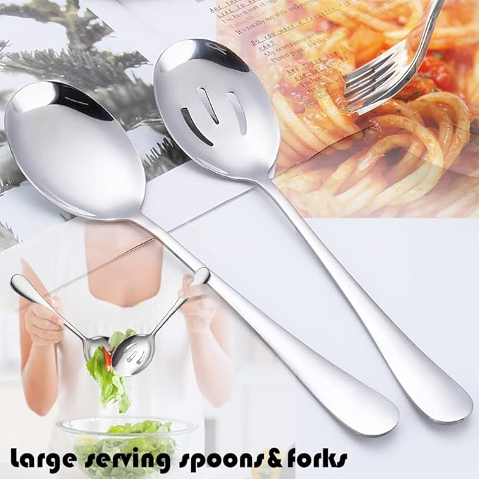 10 PCS Stainless Steel Serving Utensils, Large Serving Spoons Slotted Spoons, Serving Forks, Serving Tongs, Ice Suger Tongs, Metal Utensils Set Great for Buffet Catering Banquet Party (silver)