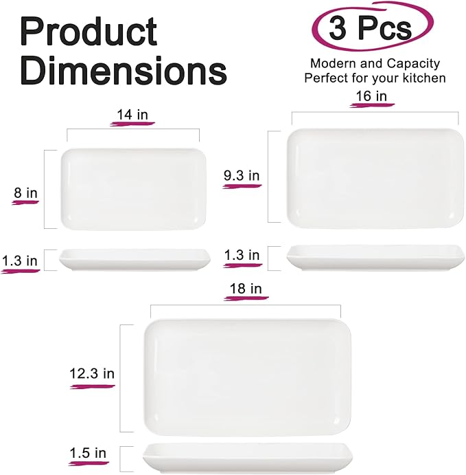 DELLING Serving Platter Set 18/16/14 Inch, Large White Porcelain Serving Trays for Entertaining, Rectangular Platters for Turkey Fruit Appetizer Party Wedding, Microwave Oven Dishwasher Safe, 3-Pack