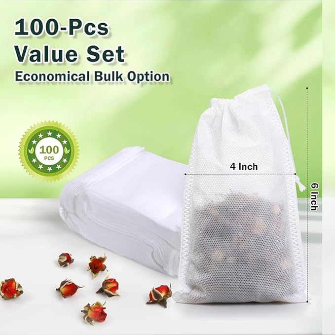 100Pcs Disposable Tea Bags for Loose Leaf Tea, Empty Tea Filter Bags for Cooking, Infuser Sachets for Spice, Coffee, Herb and More (4x6 Inch)