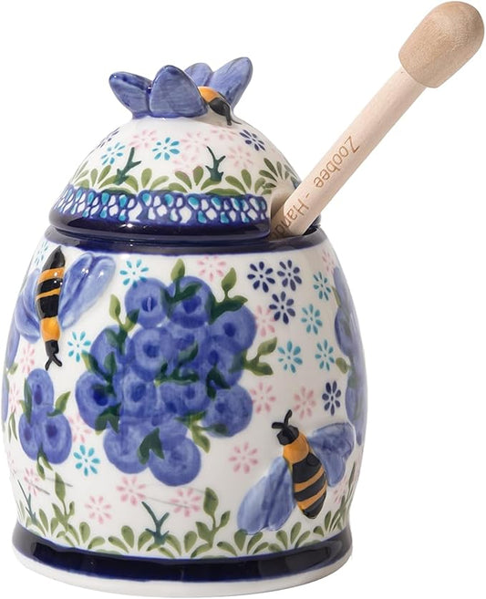 ZOOBEE 10oz Ceramic Honey Jar with Dipper and Lid,Handpainted Honey Pot with Natural Design, Small Portable Honey Container for Kitchen, Picnic-Blueberry Breeze