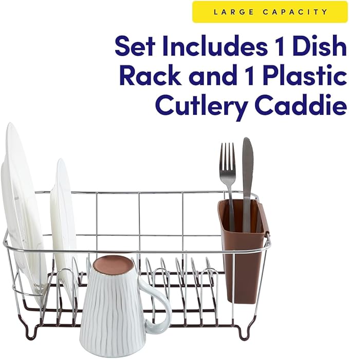 Dish Drying Rack & Cutlery Holder 2 Piece Set - Compact Sink-Fitting Dish Drainer with Rubberized Undercoating, Space-Saving Kitchen Organizer for Plates, Cups, Bowls & Utensils in Sink, Bronze Brown