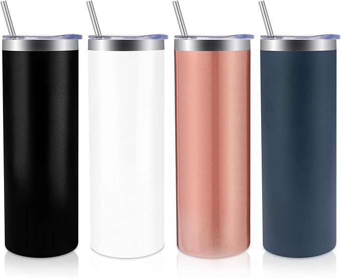 Volhoply 4 Pack Skinny Tumblers with Lid and Straw, 20oz Stainless Steel Straight Tumbler Bulk, Vacuum Insulated Coffee Mug for Home, Office, Travel, DIY (Mix,4 Pack)