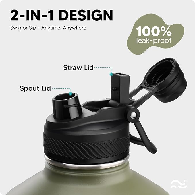 Swigina [2-IN-1 LID] Gallon Insulated Water Bottle with Silicone Boot (48hrs Cold/24hrs Hot) - DIY Stickers, Leakproof, BPA Free, 128 oz