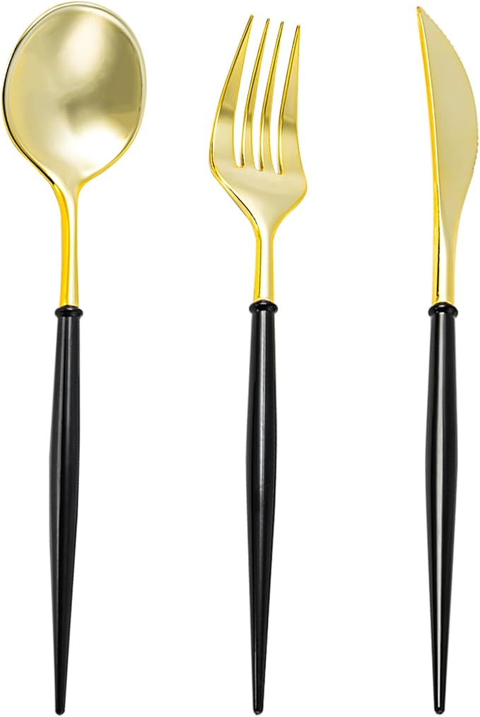 N9R 150Pcs Gold Plastic Silverware - Gold Disposable Cutlery Set with Black Handles with 50 Forks, 50 Spoons and 50 Knives - Perfect for Parties,Halloween, Birthdays, Wedding and Everyday Use