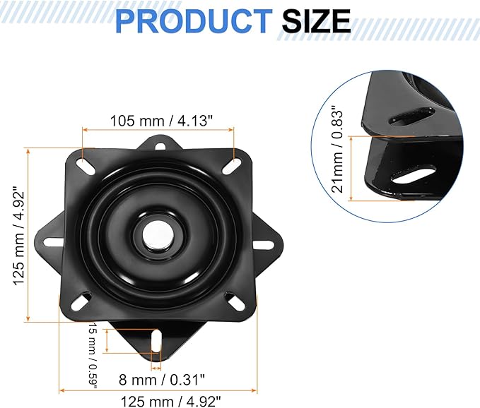 uxcell 5" Bar Stool Swivel Replacement, 360° Rotation Lazy Susan Turntable, Square Ball Bearing Seat Swivel Base Mount Plate for Recliner Chair or Table, Black (125x1.8mm)