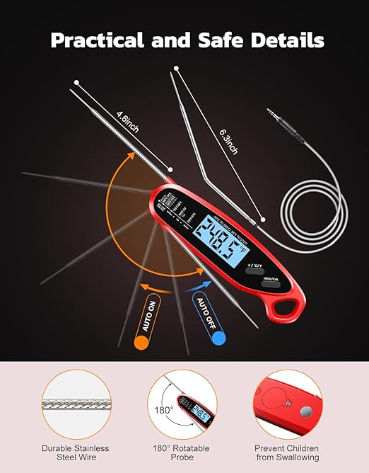 Instant Read Meat Thermometer Digital for Cooking & Grilling with Dual Probe, Food Thermometer for Grill Smoker Turkey BBQ Oven Candy Oil Fry, Kitchen Gadgets, Gifts Stocking Stuffers for Men