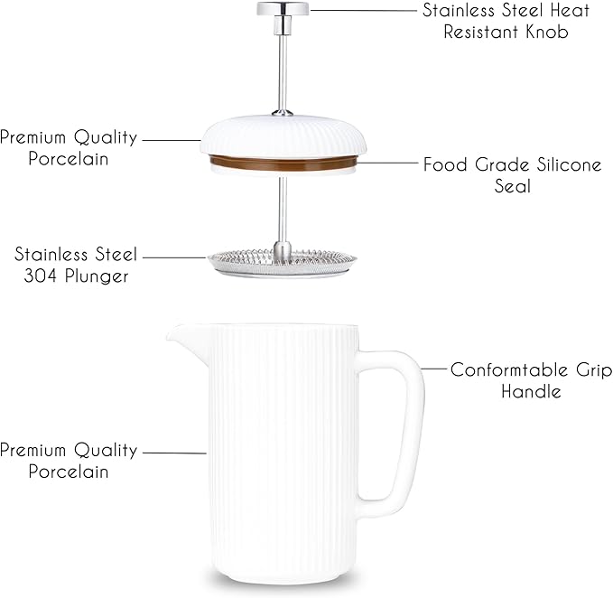 Easyworkz Porcelain French Press 34 fl oz, Coffee Tea Maker with Stainless Steel Plunger 1000 ml, Ivory