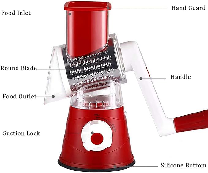 Rotary Cheese Grater Grinder Vegetable Shredder 3-in-1 Vegetable Slicer Shredder for Cheese Potato Onion Cucumber Carrot Red