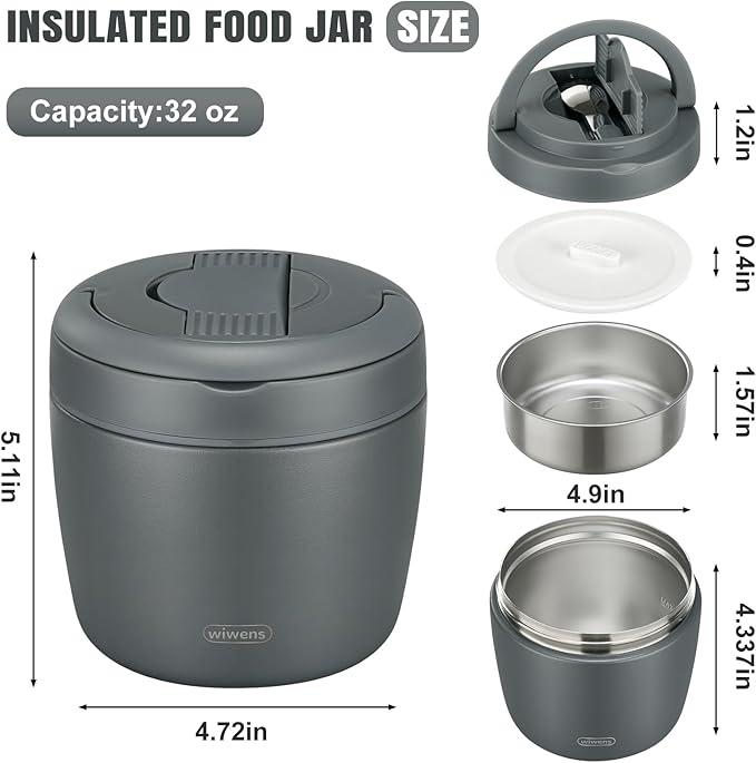 wiwens Thermo Food Jar for Hot Food Adults 32OZ Soup Thermo Lunch Containers Wide Mouth Vacuum Insulated Stainless Steel Leakproof Bento Box with Spoon (Grey)