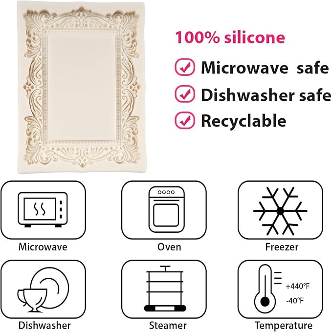 Baroque Photo Frame Fondant Molds Picture Frames Silicone Mold Vintage Mirror Frame Molds for Cake Decoration Cupcake Topper Chocolate Candy Polymer Clay Gum Paste Set of 2