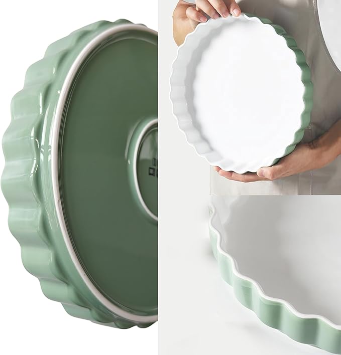 Quiche Baking Dish,Ceramic Pie Pan 11 Inch Reusable,Pizza Pan，Non-Stick Round Tart Pan with Ruffled Edge Microwave Dishwasher and Oven Safe (GREEN)