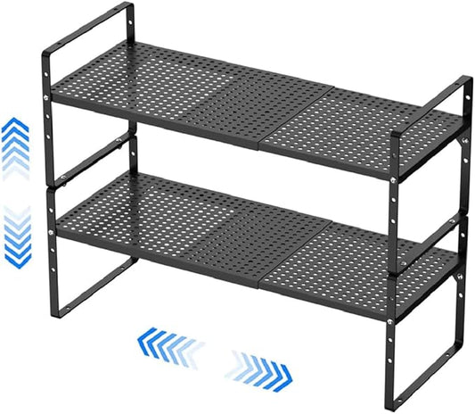 Expandable Kitchen Cabinet Shelf Organizers, Stackable Metal Pantry Storage Shelves Rack, Adjustable Counter Spice Shelf for Cabinets, Countertop, Cupboard, 2 Pack, Black