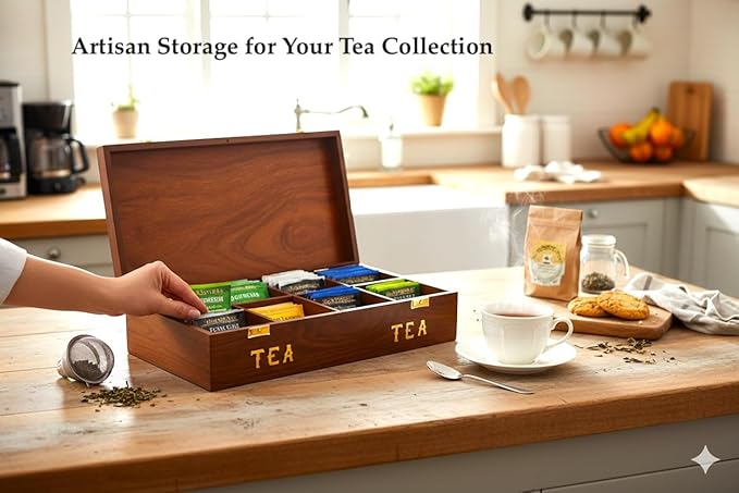 Wooden Tea Bag Storage Box – Sheesham Rosewood Tea Organizer with Brass Inlay, 8‑Compartment Tea Chest, Handcrafted Tea Box for Tea Lovers, Home Décor & Gifts