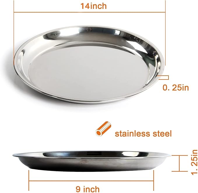 14 In Stainless Steel Roasting Pan, Stainless Steel Heavy Duty Kitchenware Round Roaster Pan Large XLarge Big Size Green Egg Drip Pan for Turkey Baking,Roast Chicken,Brushed Surface & Dishwasher Safe