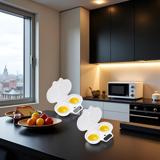 2 Pcs White Egg Poacher, Microwave Egg Boiler Poacher, 2 Cavity Nonstick Poached Egg Maker With Lid, Egg Poacher Microwave Egg Cooker, Double Drain Poached Egg Cups Cookware,Kitchen and Dining