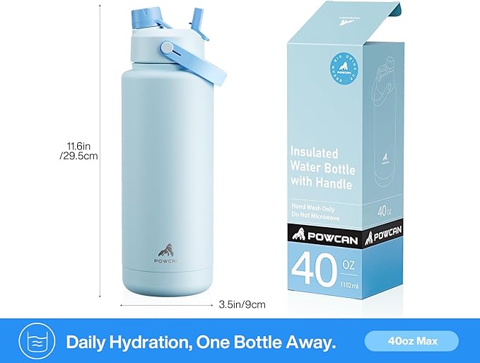 POWCAN 40 oz Insulated Water Bottle with 2-in-1 Straw and Spout Lid, Keep Cold 24H, Leak-Proof, BPA-Free, Double Wall Stainless Steel Water Bottle for Sports, Gym, Travel, and School (Sea Breeze)