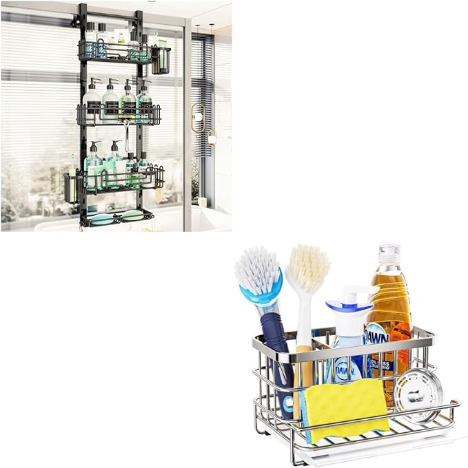 HapiRm 4 Tier Over the Door Shower Caddy + Multifunctional Kitchen Sink Caddy with Drain Tray - Black, Silver