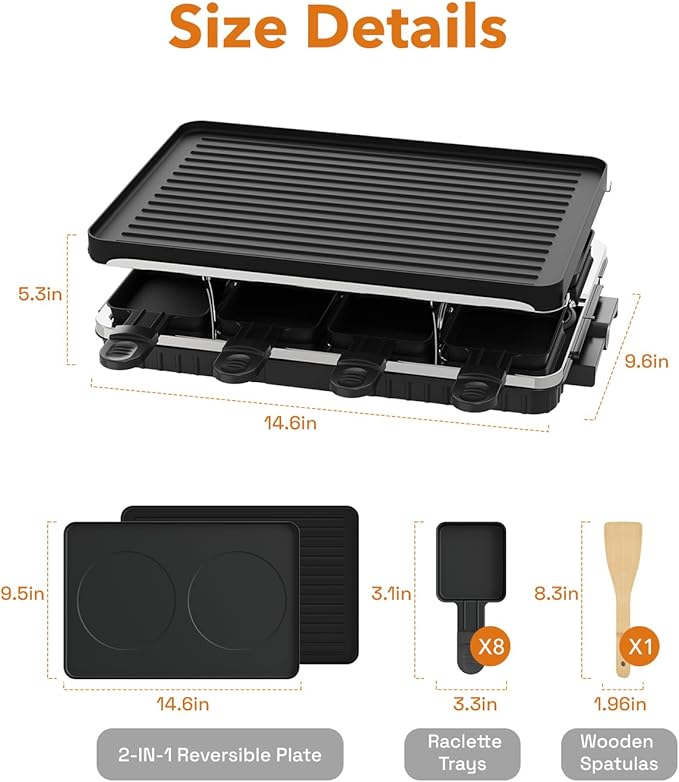 HBN Electric Raclette Table Grill with 8 Warming Trays, 2-in-1 Korean BBQ Grill & Electric Griddle Nonstick, Adjustable Temperature Control,1300W, Great for Indoor Family Gatherings, Parties & Dining