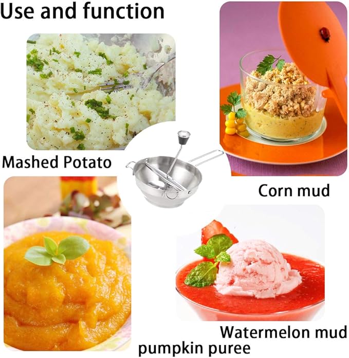 Rotary Food Mill Potato Ricer with 3 Interchangeable Disks, Great for Making Puree or Soups of Vegetables, Baby Foods, Stainless Steel 2 Quart Kitchen Mills, Easy Clean and Assemble, Manual Operati