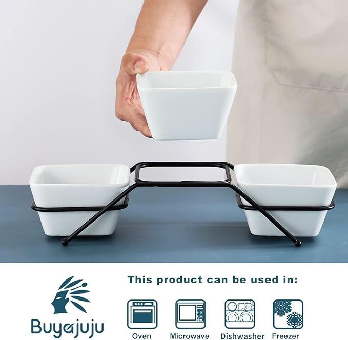 Buyajuju 3 pcs square bowl Porcelain Chip & Dip Serving Set with Black Metal Stand, 4.5inch White Small Serving Bowls for Side Dishes, Salsa, Appetizer, Serving Dishes for Entertaining 11.5 OZ