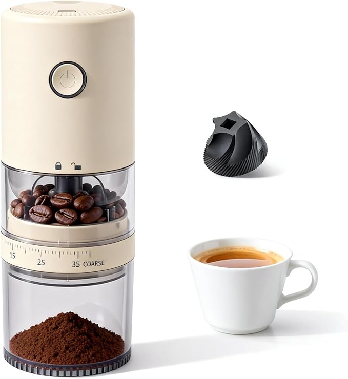 LAMIDO Portable Electric Burr Coffee Grinder - Grind While Charging - Visual Bean Hopper - 38 External Grind Settings - 1.8X Faster Grinding - 2000 mAh Battery for Travel, Camping - Light Beige