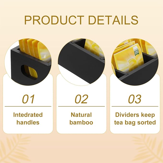 uxcell Tea Bag Organizer, 3 Compartments Pine Wood Tea Box with Handle, Tea Storage Organizer Holder for Tea Bags, Beverage Supplies Sugar Packet, Black