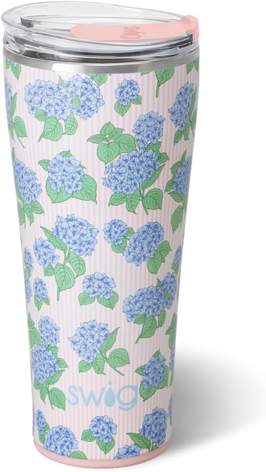 Swig Life 32oz Insulated Tumbler, Travel Coffee Tumbler with Lid, Cup Holder Friendly Travel Coffee Mug, Stainless Steel, 32 oz, Reusable Insulated Mug with Lid (Hydrangeas)