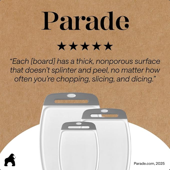 GORILLA GRIP BPA-Free Reversible Kitchen Cutting Board Set of 3, US Designed, Nonporous, Juice Grooves Catch Liquid, Slip Resistant Border, Dishwasher Safe, Durable Large Food Chopping Boards, Gray